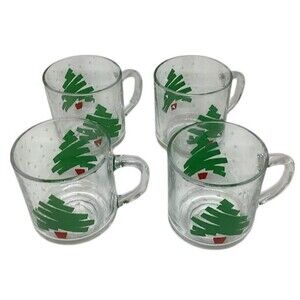 Luminarc Glass Mugs Cups Christmas Winter Trees Graphic Dayton Hudson Lot 4 Vtg